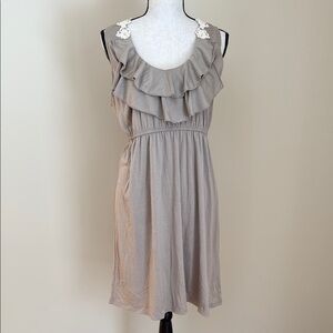 CATO Women L Tan Knit Sleeveless Tank Dress Ruffle Front Lace Back